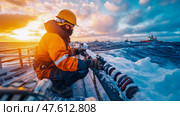 A Seafarer's Icy Watch: Rigging Lines at Sunset. Стоковое AI-изображение, AI-художник Данила Большаков / Фотобанк Лори