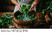 Washing Emerald Basil: Freshness Unveiled. Стоковое AI-изображение, AI-художник Данила Большаков / Фотобанк Лори