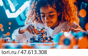 Constructing Dreams: A Young Mind Building the Future. Стоковое AI-изображение, AI-художник Данила Большаков / Фотобанк Лори