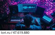 Electronic music production: an artist crafting a track in a neon-lit recording studio, keyboard, mixer, software, sound creation. Стоковое AI-изображение, AI-художник Данила Большаков / Фотобанк Лори