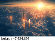 A group of missiles flying high in the sky.. Группа ракет, летящих высоко в небе. Стоковое AI-изображение, AI-художник Katsiaryna Repich / Фотобанк Лори