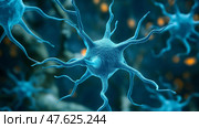 Detailed view of a neuron in a vibrant blue color illustrating neural activity. Детальное изображение нейрона в ярком синем цвете, иллюстрирующее нейронную активность, медицинский фон. Стоковое AI-изображение, AI-художник Katsiaryna Repich / Фотобанк Лори