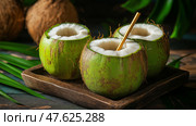 Freshly opened coconuts on a wooden tray surrounded by greenery. Три зеленых кокоса разрезаны и помещены на деревянный поднос с металлическими соломинками. Пышная листва и земляные тона создают освежающую тропическую атмосферу. Стоковое AI-изображение, AI-художник Katsiaryna Repich / Фотобанк Лори