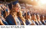 A Grateful Graduate: A Moment of Triumph & Joyful Reflection During University Commencement Ceremony. Стоковое AI-изображение, AI-художник Данила Большаков / Фотобанк Лори