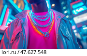 Cyberpunk neckwear: A neon-lit composition of layered metal chains and high-tech garment. Стоковое AI-изображение, AI-художник Данила Большаков / Фотобанк Лори
