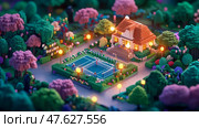 Miniature Voxel World: Suburban Serenity with Tennis Match and Quaint Cottage, Print design, poster, card. Стоковое AI-изображение, AI-художник Данила Большаков / Фотобанк Лори