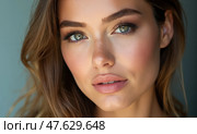 A Woman Demonstrates Her Impeccable Makeup Skills, Drawing Attention to Her Beautifully Defined Eyes and Flawless Skin. Стоковое AI-изображение, AI-художник Sergey Grishin / Фотобанк Лори