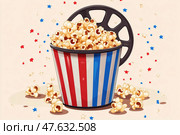 Попкорн с кинолентой и конфетти вокруг. Стоковое AI-изображение, AI-художник Александр Жуков / Фотобанк Лори