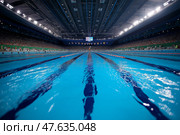 The swimming competition at the Olympics, Swimming pool in sport arena.. Соревнования по плаванию на Олимпийских играх, плавательный бассейн на спортивной арене. Стоковое AI-изображение, AI-художник Katsiaryna Repich / Фотобанк Лори