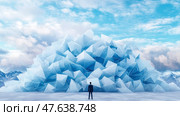 Facing the Frozen Challenge: Man Confronting Enigmatic Ice Mountain. Стоковое AI-изображение, AI-художник Данила Большаков / Фотобанк Лори