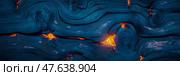 Abstract: Glowing Lava Veins Through Petrified Wood, an otherworldly geological stratum with fiery fissures. Стоковое AI-изображение, AI-художник Данила Большаков / Фотобанк Лори