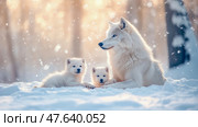 Winter's Embrace: Arctic parent with two pups bask in falling snow, a scene of familial warmth and snowy wonder. Стоковое AI-изображение, AI-художник Данила Большаков / Фотобанк Лори