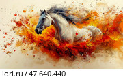 A Splashing Majesty: White Stallion in a Tempest of Autumnal Color. Стоковое AI-изображение, AI-художник Данила Большаков / Фотобанк Лори