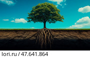 A solitary tree against a vibrant blue sky, its roots revealed beneath the earth. Стоковое AI-изображение, AI-художник Данила Большаков / Фотобанк Лори