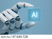 Робот и ИИ. Роботизированная рука держит прозрачную пластину с надписью AI. Стоковое AI-изображение, AI-художник Башкирова Анна / Фотобанк Лори