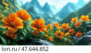 Spring Blossom Meadow Escape: A Tapestry of Orange Blooms Against a Mountainscape, Perfect for a Nature Print. Стоковое AI-изображение, AI-художник Данила Большаков / Фотобанк Лори
