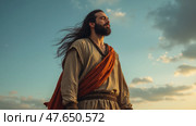 Man with a beard and long hair is standing in the open air. Стоковое AI-изображение, AI-художник Sergey Grishin / Фотобанк Лори