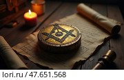 Ancient masonic relic with square and compass symbol. Стоковое AI-изображение, AI-художник Андрей Бакусов / Фотобанк Лори