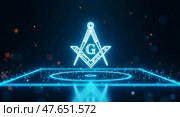 Futuristic masonic emblem in cyberpunk holography. Стоковое AI-изображение, AI-художник Андрей Бакусов / Фотобанк Лори