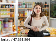 Young woman felt unwell and had abdominal pain while shopping. Стоковое фото, фотограф Яков Филимонов / Фотобанк Лори