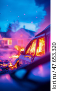 Concept: Arson; Dramatic nocturnal view of burning auto wreck engulfing building in flames; Use for poster, card, print. Стоковое AI-изображение, AI-художник Данила Большаков / Фотобанк Лори