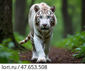 Beautiful white tiger albino with blue eyes walking through the forest. Стоковое AI-изображение, AI-художник Sergey Grishin / Фотобанк Лори