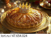 Galette des rois or king cake. Traditional cake baked at Epiphany, celebration of the Twelfth Night after Christmas. Almond flaky pastry cake. Freshly baked homemade three king bread with a crown. Стоковое AI-изображение, AI-художник Марина Демидюк / Фотобанк Лори
