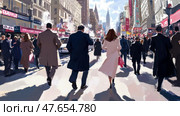 Cityscape Ambience: A bustling metropolis crosswalk with pedestrians in formal wear heading toward an urban destination. Стоковое AI-изображение, AI-художник Данила Большаков / Фотобанк Лори