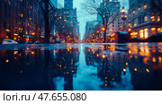 Urban Reflection: A glimmering cityscape mirrored in a rain-slicked avenue, a study in blues and ambers. Стоковое AI-изображение, AI-художник Данила Большаков / Фотобанк Лори