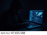 Хакер  работает за ноутбуком. Стоковое AI-изображение, AI-художник Башкирова Анна / Фотобанк Лори