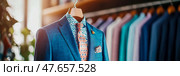 Elegance in Attire: Tailored Suit Display, Fashionable Design, Style Guide for sartorial inspiration and print advertisement. Стоковое AI-изображение, AI-художник Данила Большаков / Фотобанк Лори