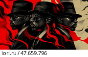 Elegant Trio: A monochrome portrait of three dapper men with hats and glasses, accented with bold red strokes. Стоковое AI-изображение, AI-художник Данила Большаков / Фотобанк Лори