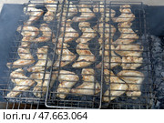 Маринованные куриные крылышки на решетке, приготовление на мангале - Marinated chicken wings on the grill, cooking on the grill. Стоковое фото, фотограф Владислав Дельдюгинов / Фотобанк Лори