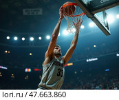 Basketball player is in mid-air, attempting to make a shot. Стоковое AI-изображение, AI-художник Sergey Grishin / Фотобанк Лори