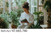 Quiet contemplation: A woman reading surrounded by verdant houseplants in a sunlit conservatory, an idyllic moment of respite and intellectual escape. Стоковое AI-изображение, AI-художник Данила Большаков / Фотобанк Лори