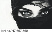 A woman in a black niqab with only her eyes visible. Женщина в черном никабе, у которой видны только глаза. Стоковое AI-изображение, AI-художник Katsiaryna Repich / Фотобанк Лори