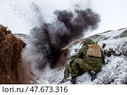 Военнослужащие в окопе во время учений на военном полигоне. Стоковое фото, фотограф Александр Река / ТАСС / Фотобанк Лори