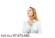 Beautiful young female with long straight blonde hair wearing white shirt with dreamy expression, deep in thought, isolated on white background. Стоковое AI-изображение, AI-художник Павел Муравьев / Фотобанк Лори