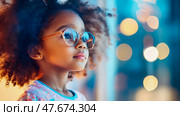 Childhood Wonder: Portrait of a Little Girl with Glasses Gazing into the Distance, lost in Dreams and Imagination. Стоковое AI-изображение, AI-художник Данила Большаков / Фотобанк Лори