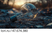 Lost hope: A shattered light bulb resting amidst rubble, symbolizing broken dreams and extinguished inspiration in a world without light. Стоковое AI-изображение, AI-художник Данила Большаков / Фотобанк Лори