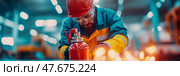 Safety First: Engineer inspects fire extinguisher at industrial plant, ensuring safety and compliance with rigorous maintenance protocols. Стоковое AI-изображение, AI-художник Данила Большаков / Фотобанк Лори