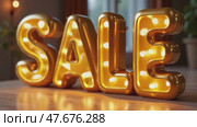 A large sign with the word Sale written in gold letters. Стоковое AI-видео, аниматор Виктория Кольцова / Фотобанк Лори