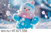 Winter Holiday: cheerful snowman amidst a flurry of snow, ideal for seasonal greetings. Стоковое AI-изображение, AI-художник Данила Большаков / Фотобанк Лори