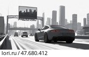 Urban Drive: A sleek vehicle navigates through a monochrome cityscape, showcasing modern transport and architectural backdrop. Стоковое AI-изображение, AI-художник Данила Большаков / Фотобанк Лори