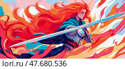 Concept: Warrior Princess: Fierce Redhead Wielding a Sword, a symbol of fantasy saga for print, social media, game promo art. Стоковое AI-изображение, AI-художник Данила Большаков / Фотобанк Лори