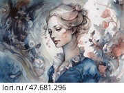 An elegant watercolor illustration of a young woman in a period costume with an exquisite collar and upturned hair. The image is filled with lyricism and thoughtfulness, and the background is decorated with soft abstract elements - leaves, flowers and silhouettes of birds, executed in a delicate palette with a predominance of blue, gray and pink shades. The atmosphere of the work is romantic, dreamy and artistic, ideal for the themes of art, history, beauty and femininity. Стоковое AI-изображение, AI-художник Анна Кривицкая / Фотобанк Лори
