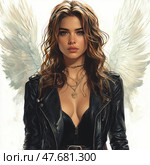 A digital portrait of a woman with angel wings on her back, wearing a black leather jacket and several gold chains. Her image combines delicate beauty and strength, combining elements of rebellious style with the symbolism of light and purity. The light background and softly drawn feathers create a contrast with the bold clothing, emphasizing the duality of the image - "angel with character". Perfect for themes of fashion, fantasy, strength of personality and visual art. Стоковое AI-изображение, AI-художник Анна Кривицкая / Фотобанк Лори