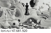 Abstract, monochrome chess game. Pieces surge and move strategically across a checkered board, symbolizing intellect and competition. Стоковое AI-видео, аниматор Данила Большаков / Фотобанк Лори