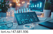 Data analytics dashboard on a digital tablet displays glowing charts and business insights. Technology, finance, and artificial intelligence themes are present. Стоковое AI-видео, аниматор Данила Большаков / Фотобанк Лори