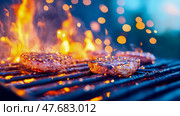 Summer grilling BBQ: Juicy patties searing on a flaming grill for a backyard feast. Стоковое AI-изображение, AI-художник Данила Большаков / Фотобанк Лори